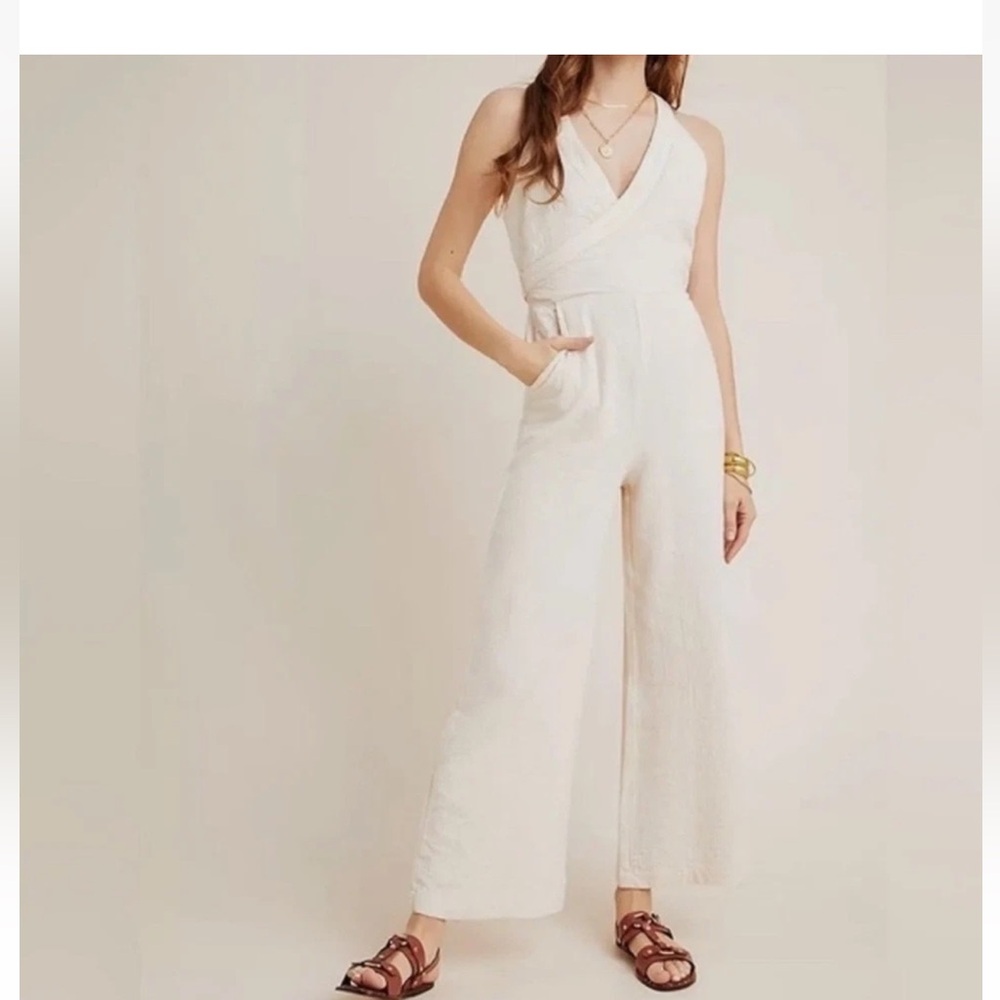 Anthropologie Cream Wide Leg Demi Textured Gauze Jumpsuit Size 4 Boho Beach